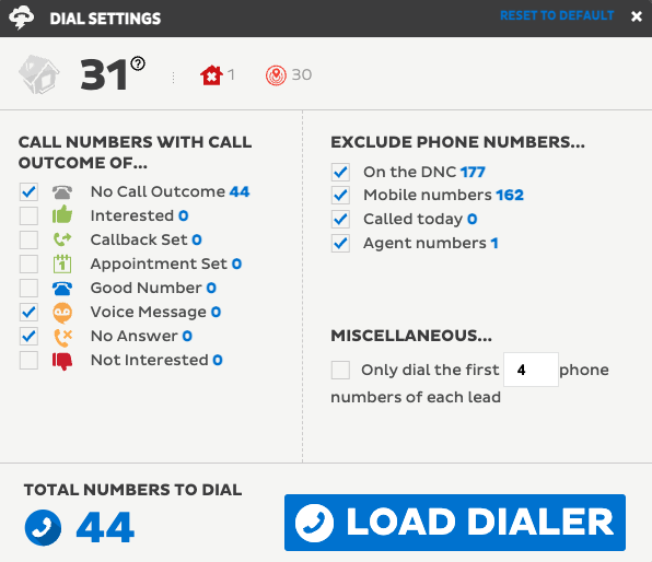 REDX Dialer automatically filtering out phone numbers on the DNC list, mobile numbers, and agent numbers. 